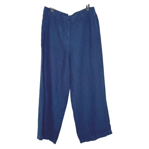 Poetry 100% Linen Pants Sz 12 Blue Wide Leg High Rise Topstitched Welt Pockets - Picture 1 of 11